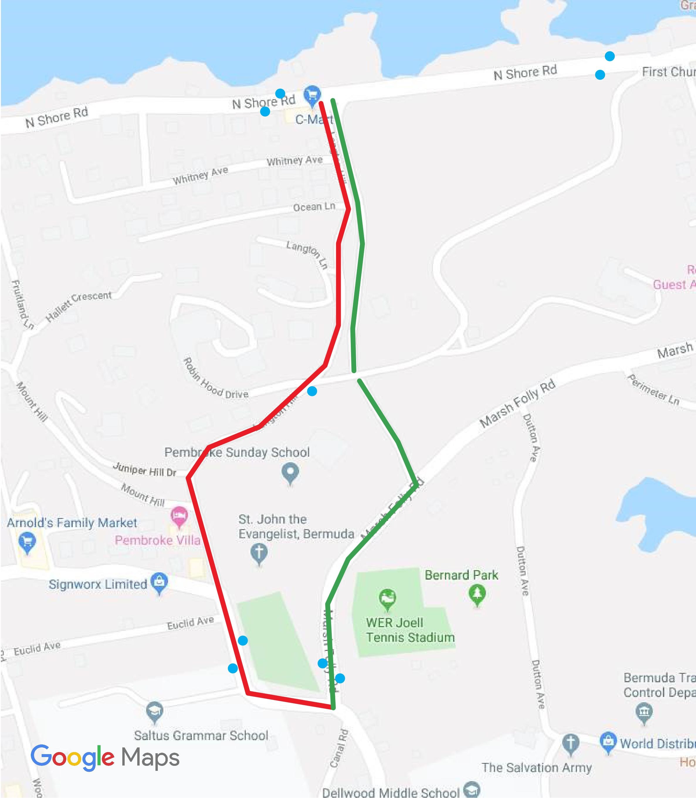 Google Maps Image showing old route in red and new route in green, with blue dots designating bus stop locations.